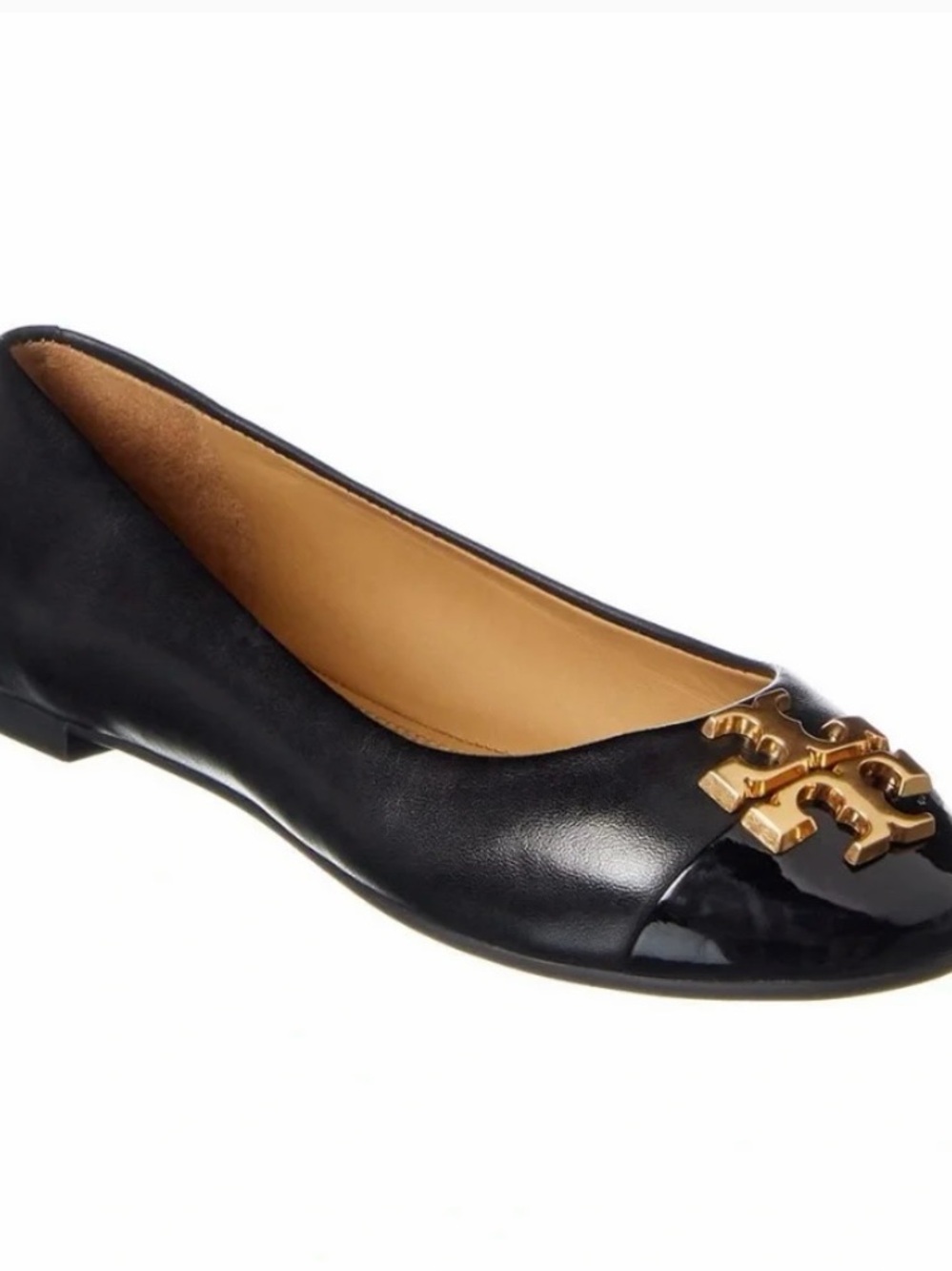 Tory Burch Everly Black Leather Logo Cap-Toe Ballet Flats with Gold Emblem
